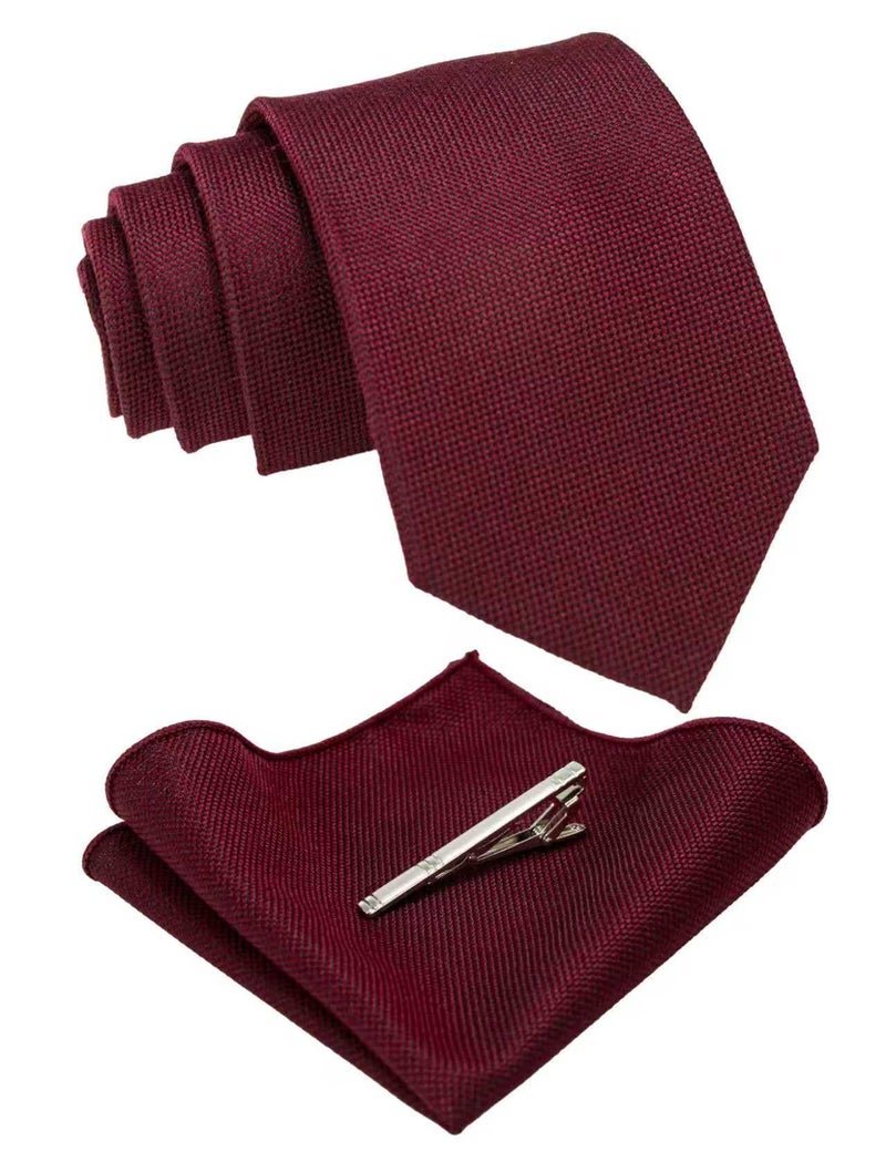 JEMYGINS Burgundy Wool Tie Cashmere Necktie and Pocket Square with Tie Clip Sets for Men(3) - Image 1